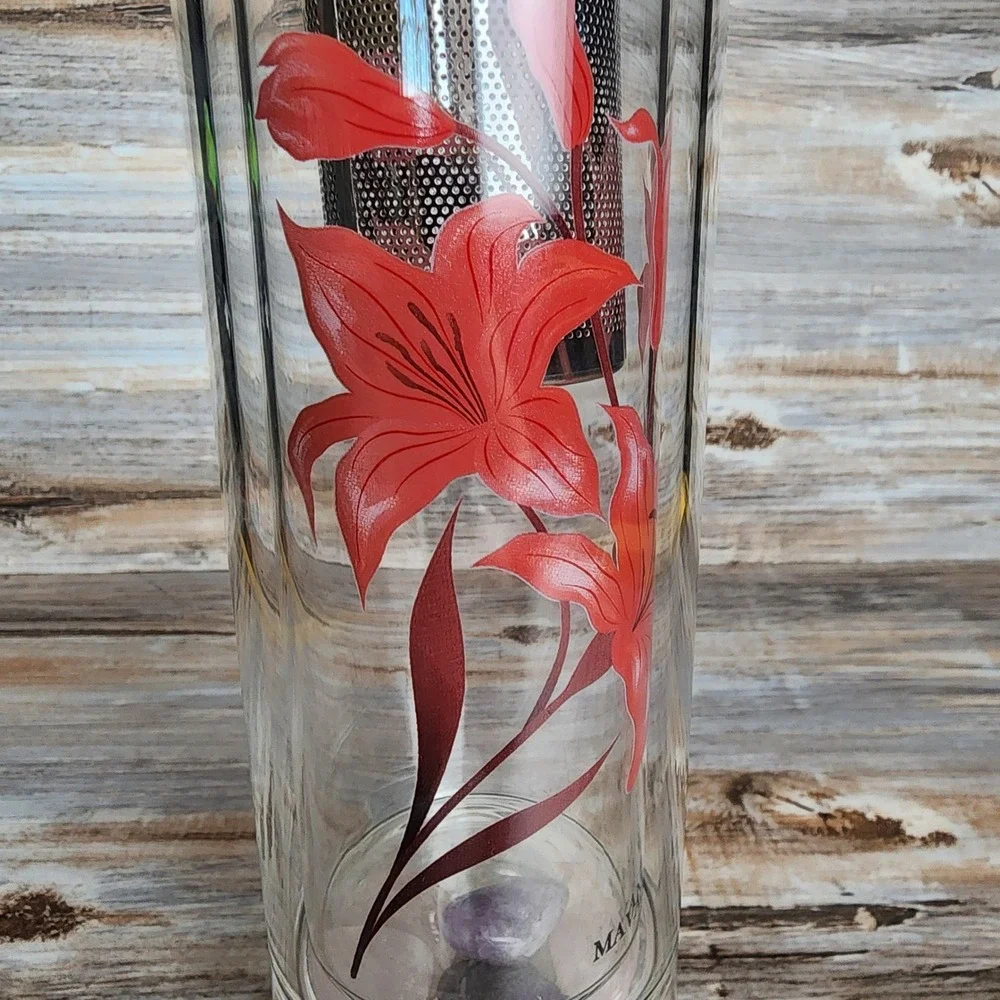 Mavanly Crystal Gem Infusion Bottle Double Glass Tea Tumbler Red Lily with Sleev